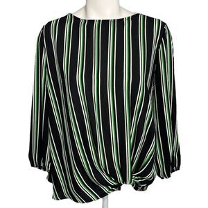 Roz & Ali Black‎ Green White Stripe Round Neckline Front Knot Sz Large
